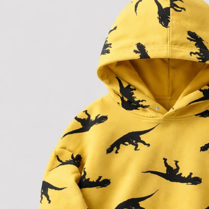 Boys' Triceratops hoodie in a vibrant color, warm and breathable, perfect for cool weather.