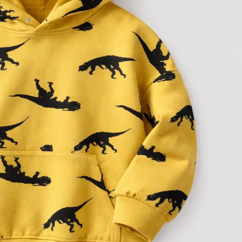 Warm breathable kids' hoodie with a large Triceratops dinosaur print, full view of the apparel.