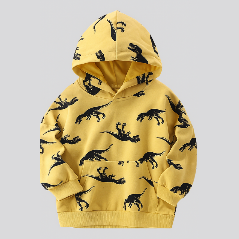Close-up of the Triceratops print on a kids' hoodie, highlighting the dinosaur graphic detail.