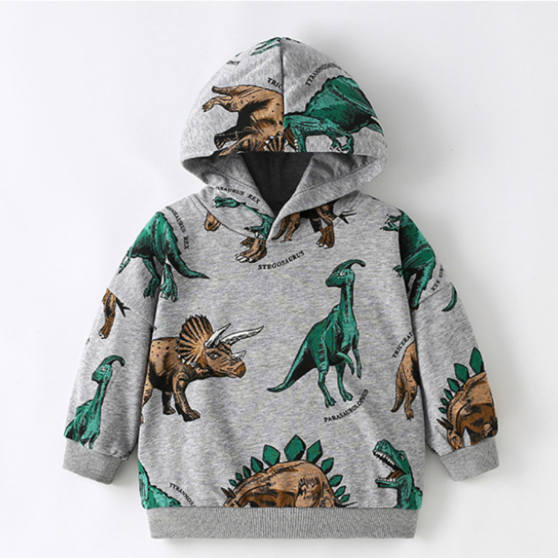 Toddler clothes: Triceratops dinosaur print hoodie displayed folded, emphasizing its softness.