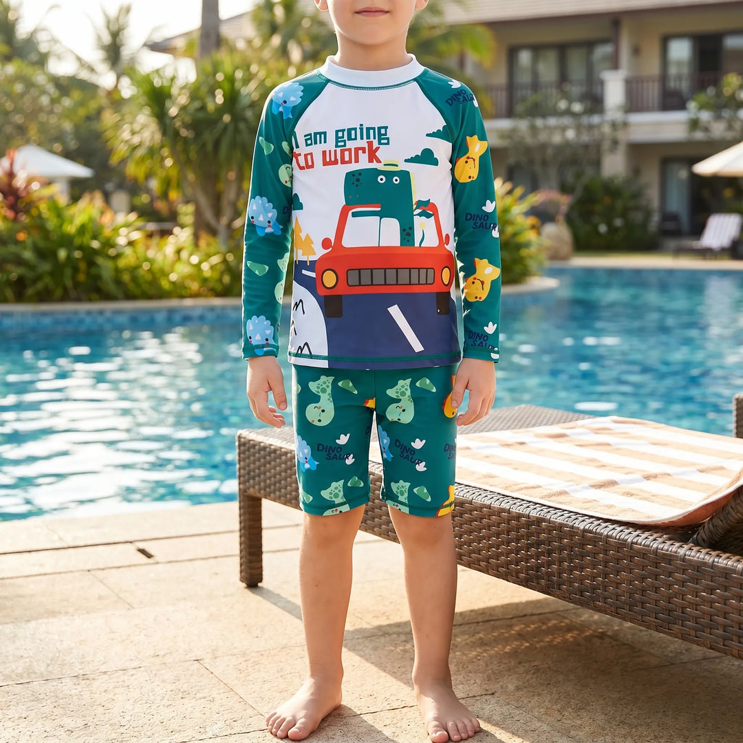 Kids' two-piece long-sleeve rash guard swimsuit with playful design. Sun protection for summer beach & pool fun.