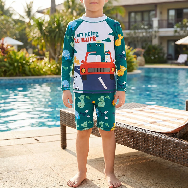 Kids' two-piece long-sleeve rash guard swimsuit with playful design. Sun protection for summer beach & pool fun.