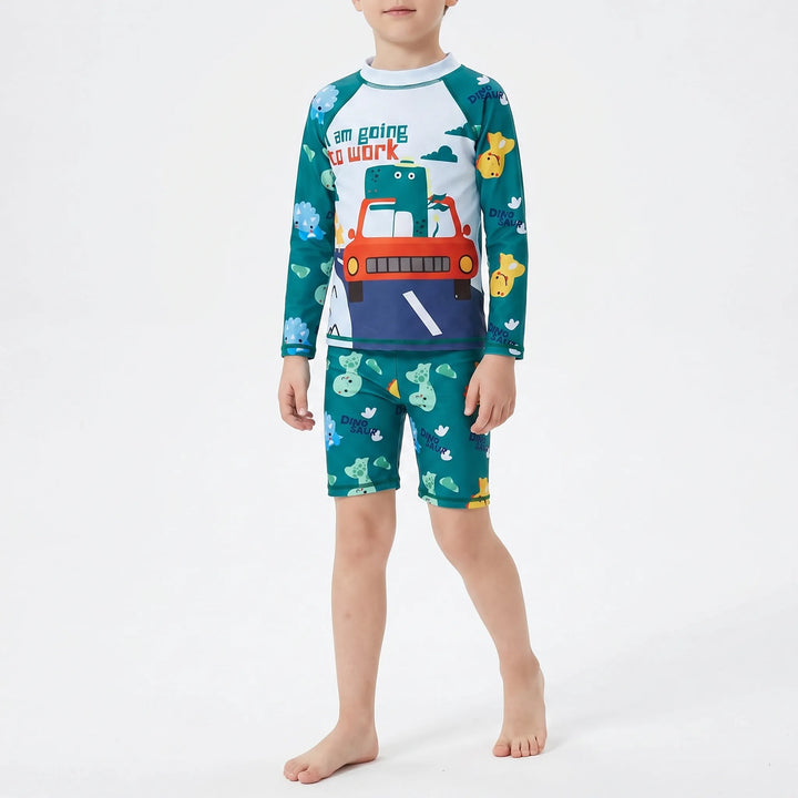 Children's long-sleeve two-piece rash guard & swim shorts. Playful design, perfect for summer beachwear & pool fun.