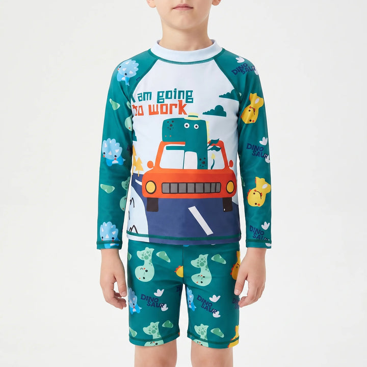 Vibrant kids' long-sleeve rash guard & swim shorts set. Two-piece playful design offers sun protection for children's pool time.
