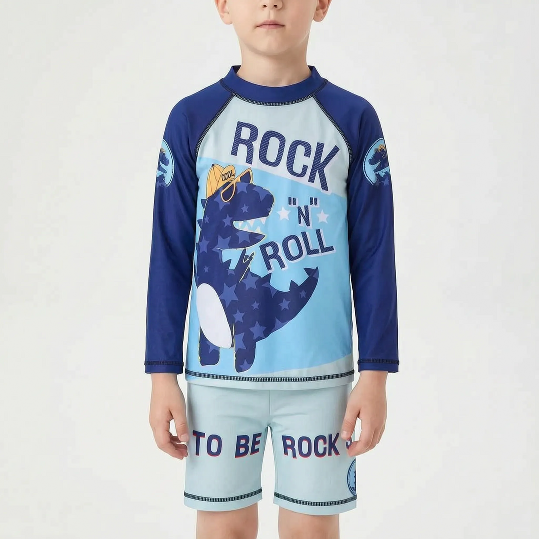 Kids' two-piece long-sleeve rash guard swimsuit with fun design. Children's swimwear for sun protection at the beach or pool.