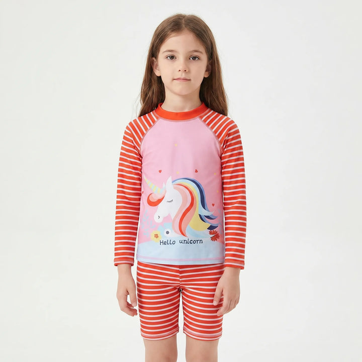 Sun-protective kids' two-piece long-sleeve rash guard & swim shorts. Playful children's swimsuit for active pool fun.
