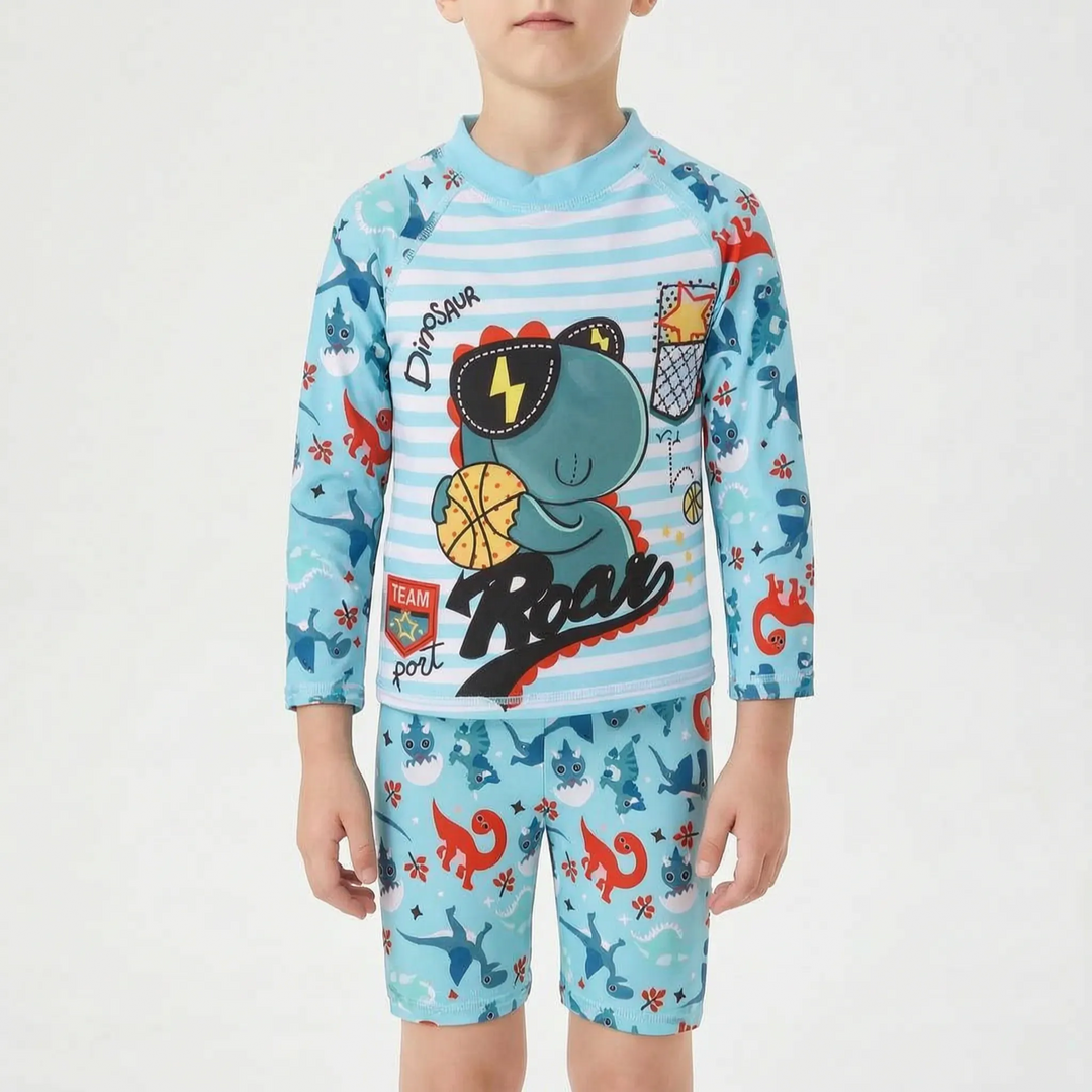 Cute children's two-piece long-sleeve rash guard swimsuit. Playful design, perfect summer beachwear for sun protection.