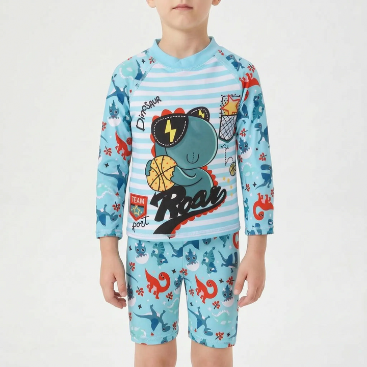 Cute children's two-piece long-sleeve rash guard swimsuit. Playful design, perfect summer beachwear for sun protection.