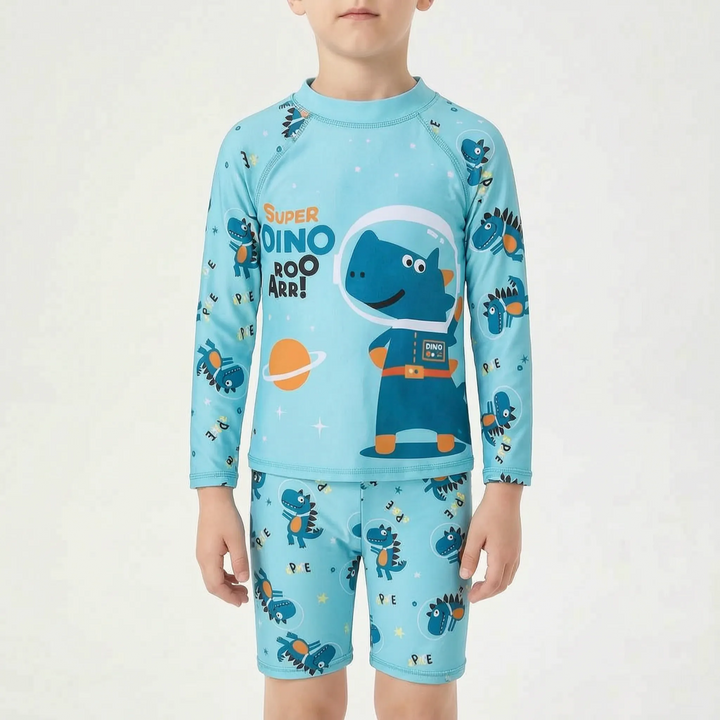 Long-sleeve rash guard top & swim shorts, a two-piece kids' swimsuit with playful design for sun protection & pool fun.