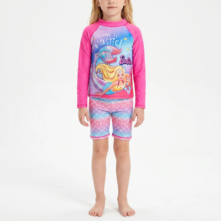 Children's two-piece long-sleeve rash guard swimsuit, playful design. Sun-protective summer beachwear for pool & ocean fun.