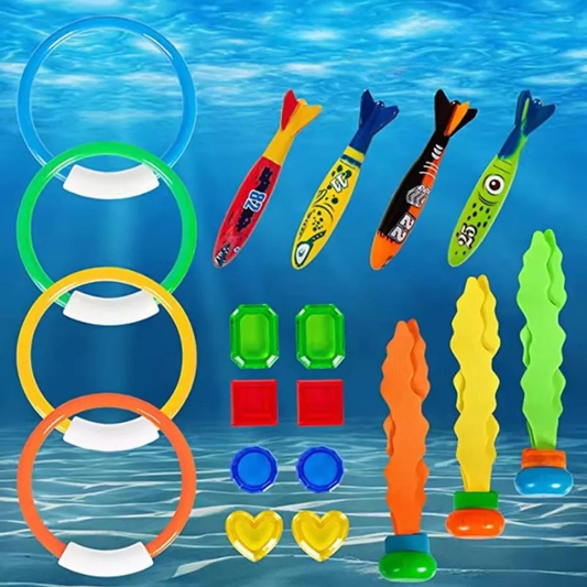 Kids underwater dive game treasure set with colorful gems, gold coins, and diving toys in a pool