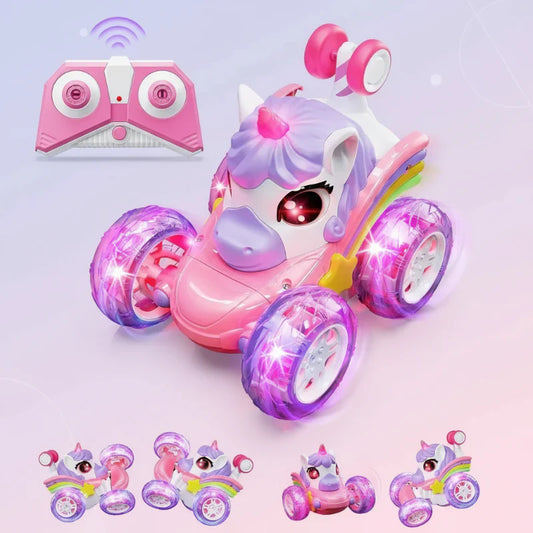 Kids' unicorn RC stunt car with LED lights, pink and purple, performing a drift.