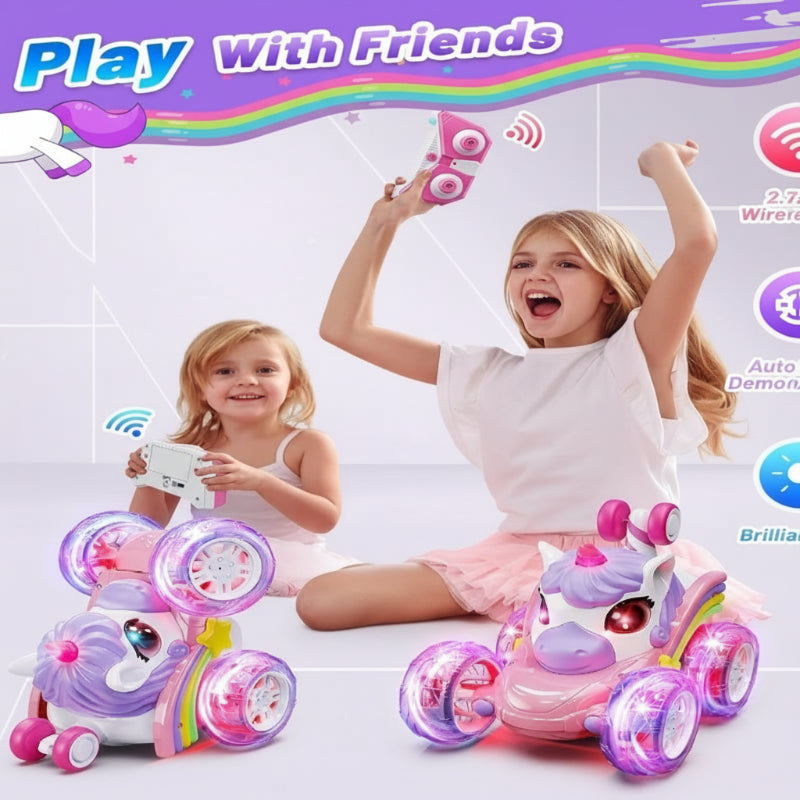 Rechargeable unicorn remote control car with bright LED lights, perfect kids' toy.