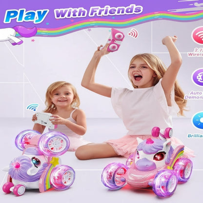 Rechargeable unicorn remote control car with bright LED lights, perfect kids' toy.