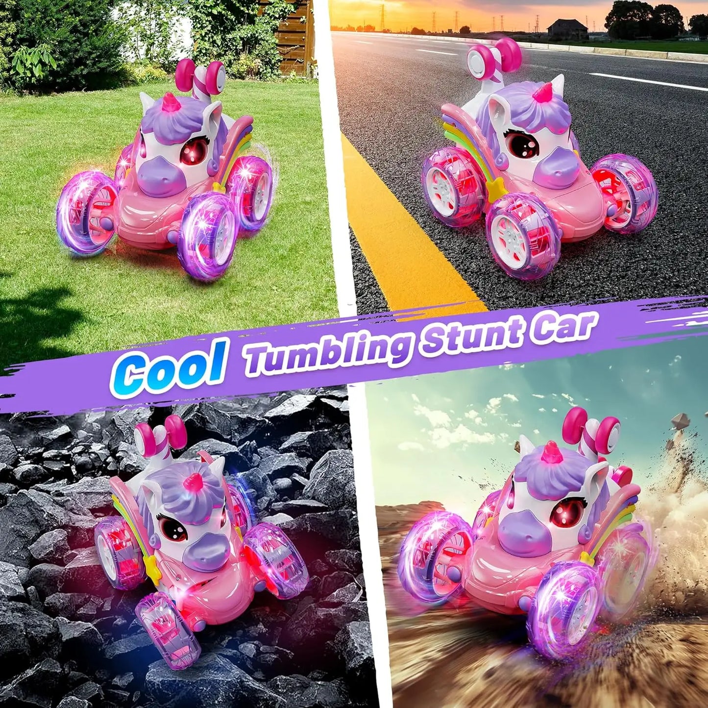 Pink unicorn RC stunt car for kids, showing underside with durable stunt wheels.