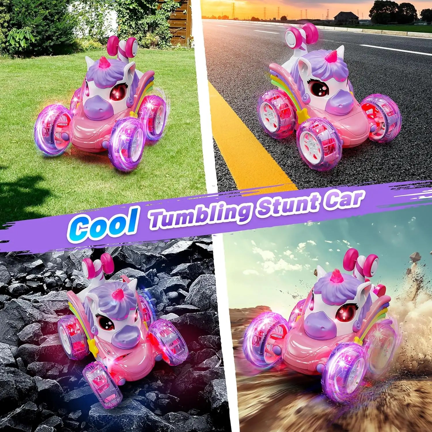 Pink unicorn RC stunt car for kids, showing underside with durable stunt wheels.