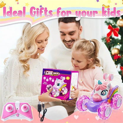 Unicorn remote control drift car for children, vibrant LED lights, in motion.