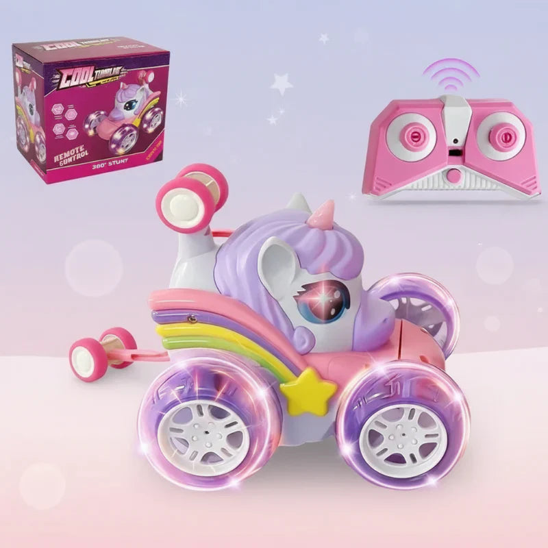 Kids' toy: unicorn RC stunt car, close-up of LED lights on the front.