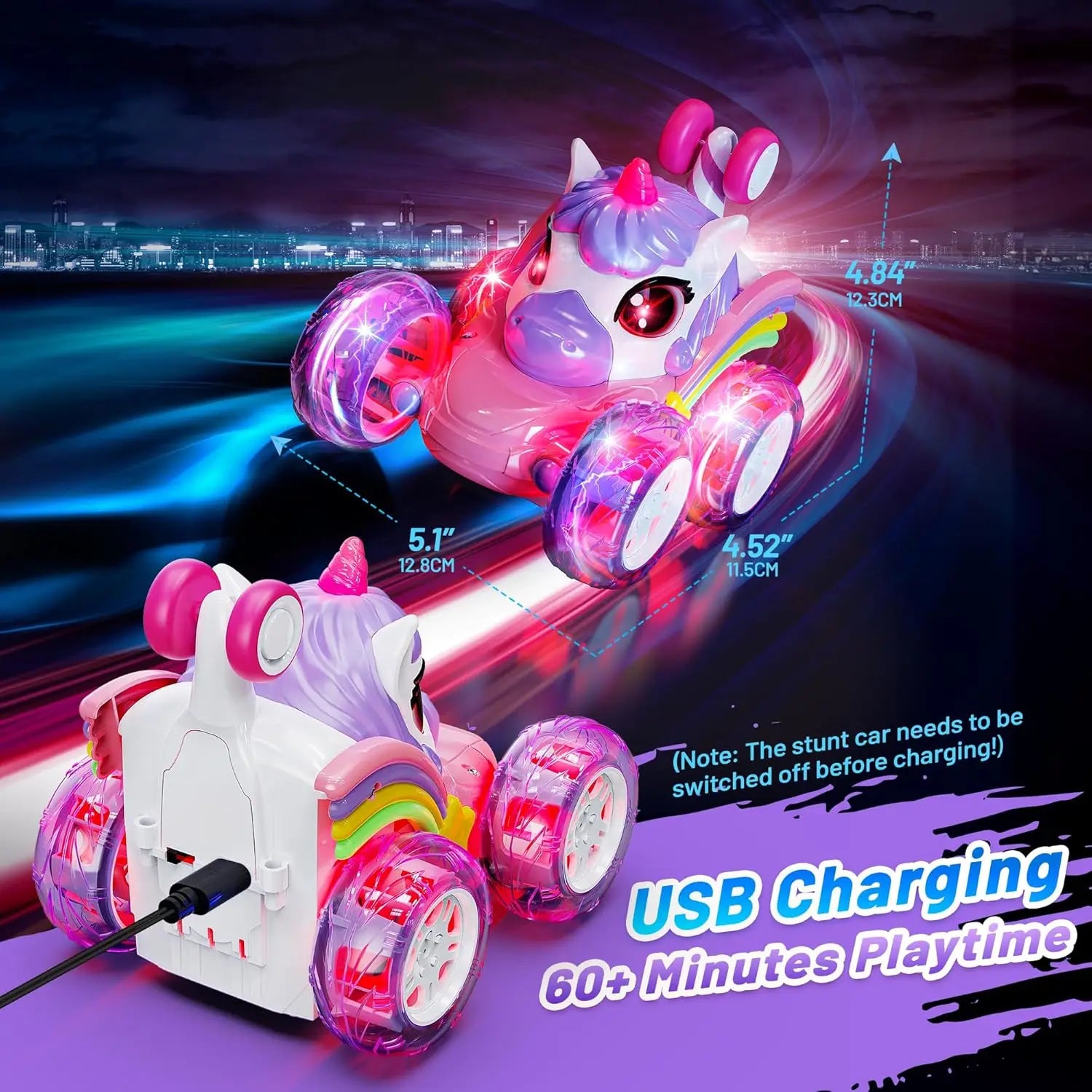 Unicorn remote control car, rechargeable battery, with included remote for kids.