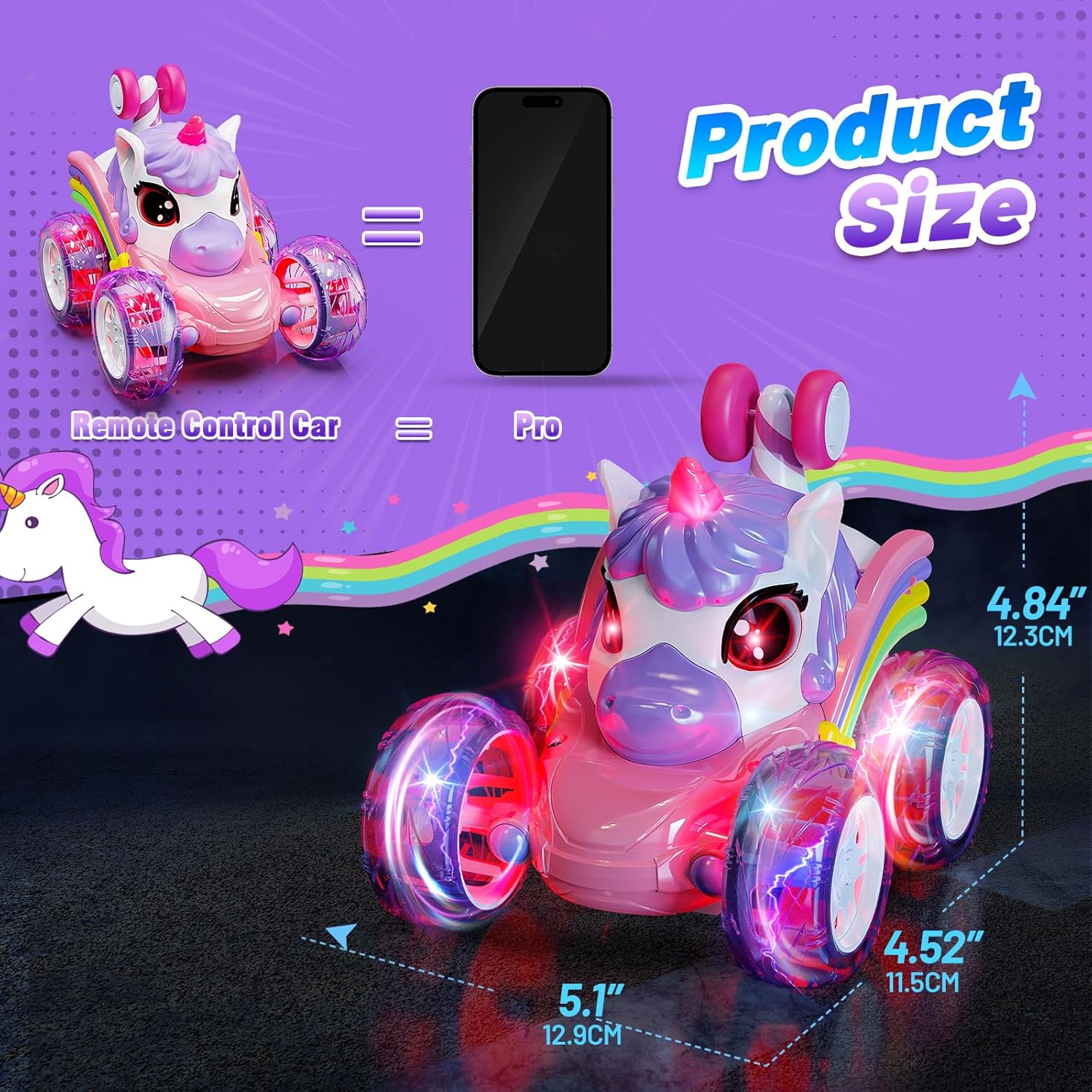 Durable unicorn stunt car, kids' toy with LED lights, designed for thrilling stunts.