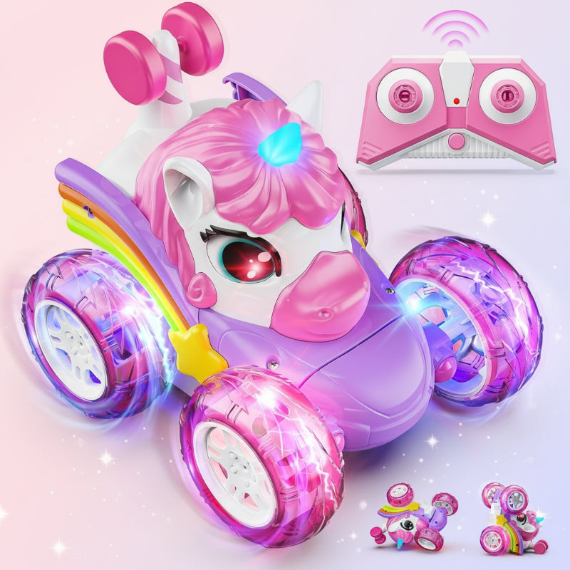 Complete set: unicorn RC car, remote, charging cable, a great children's gift.