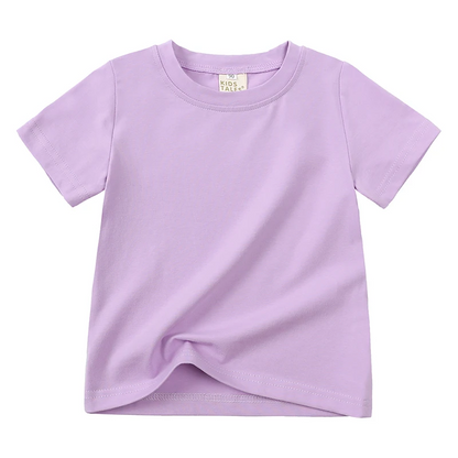 Back view of a kids' short sleeve cotton t-shirt, plain and comfortable children's wear