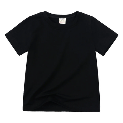 Kids' short sleeve cotton blend t-shirt in a stack, showing thickness and softness