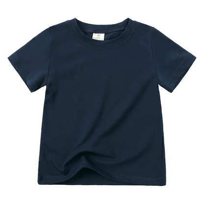 Group of kids' short sleeve cotton blend t-shirts in various colors, summer collection