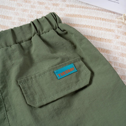 Spring fashion kids apparel: casual unisex cargo overalls, comfy playwear