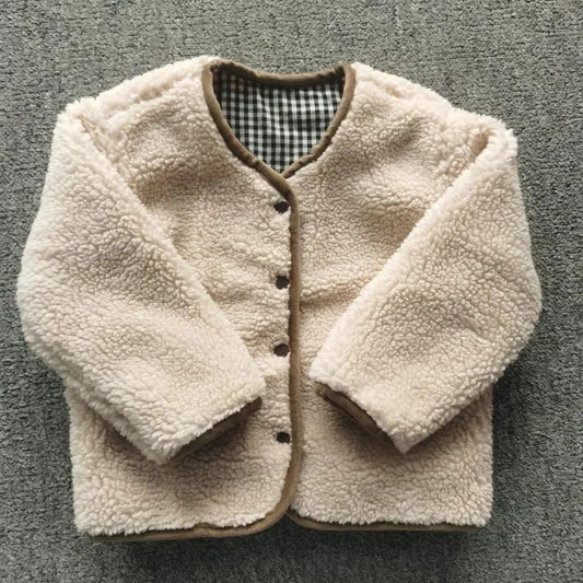 Kids' unisex plaid plush shearling jacket, warm toddler outerwear for winter