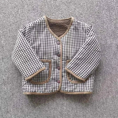 Autumn/winter kids' jacket: unisex plaid polyester coat with plush shearling
