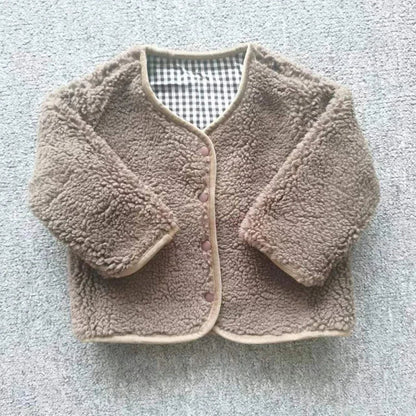 Toddler warm jacket: stylish plaid plush shearling outerwear for boys and girls