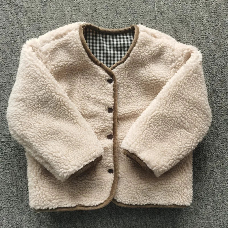Unisex plush shearling plaid jacket, durable polyester outer, cozy toddler wear