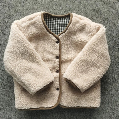 Unisex plush shearling plaid jacket, durable polyester outer, cozy toddler wear