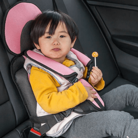 Kids Universal Portable Travel Car Seat for Infants and Toddlers, gray fabric, side view with buckles