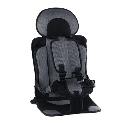 Kids portable car seat universal for travel, gray fabric, close-up of secure latch system