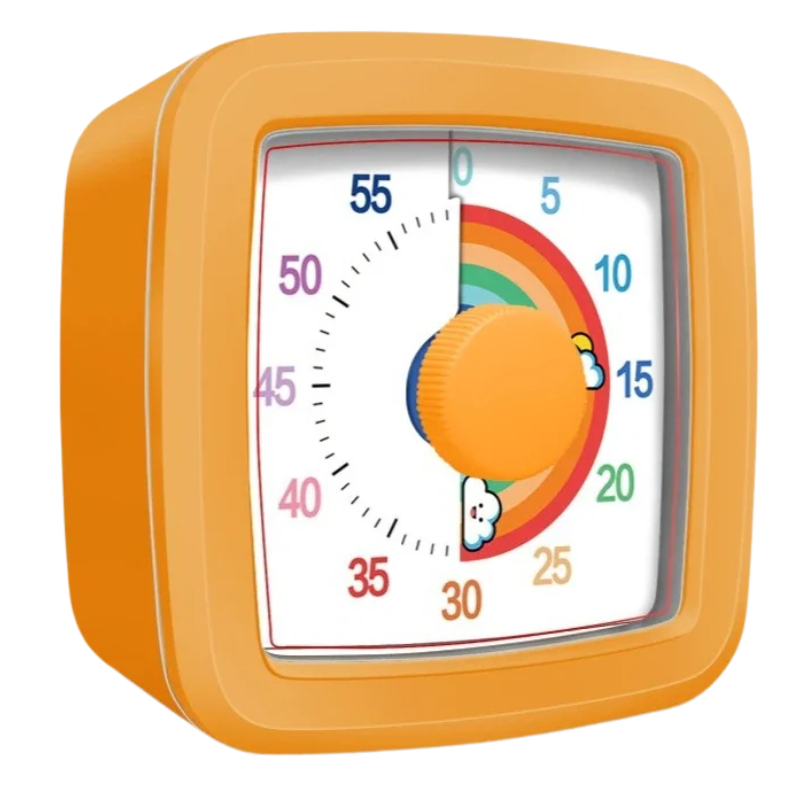 Three colorful visual countdown timers (red, blue, green) demonstrating time management for kids
