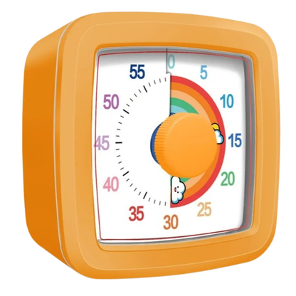 Three colorful visual countdown timers (red, blue, green) demonstrating time management for kids