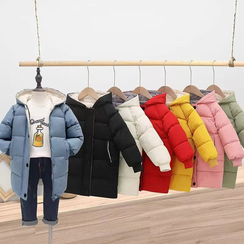 Kids' warm blue cotton puffer jacket with hood, perfect for winter casual wear, boys or girls