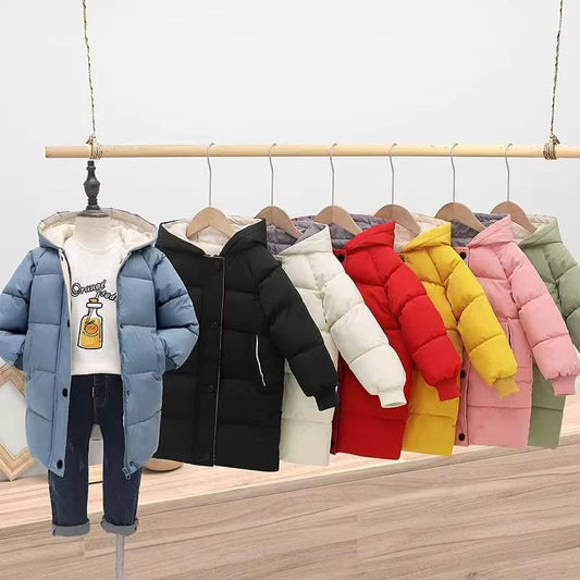Kids' warm blue cotton puffer jacket with hood, perfect for winter casual wear, boys or girls