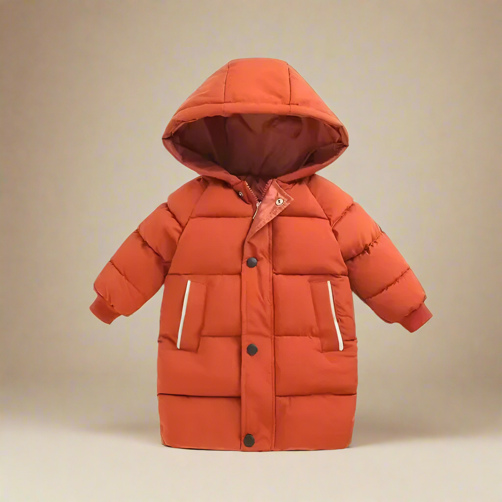 Kids' warm cotton puffer jacket in a neutral beige, versatile children's outerwear for fall/winter