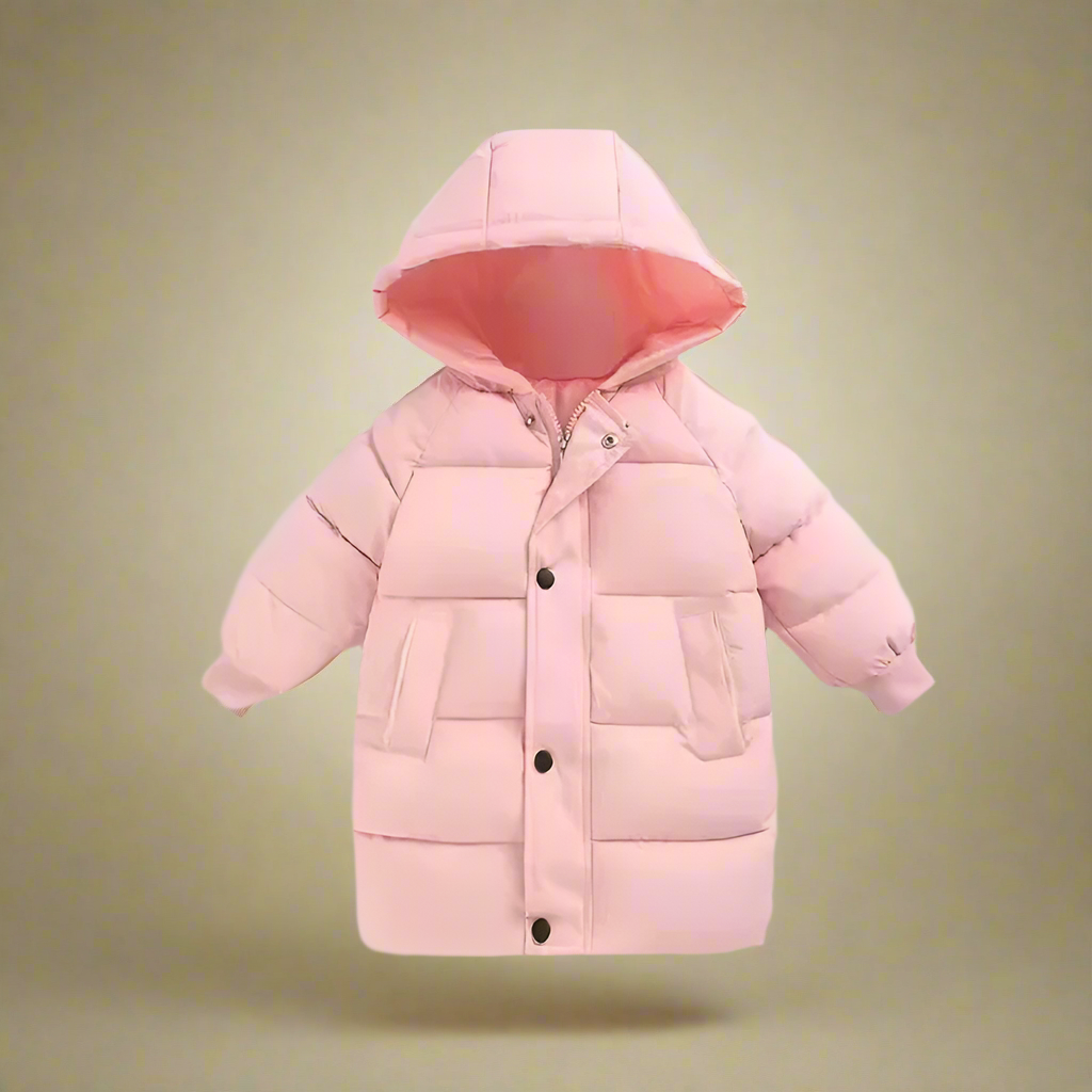 Child zipping up a cozy purple cotton puffer jacket, an essential for insulated winter warmth