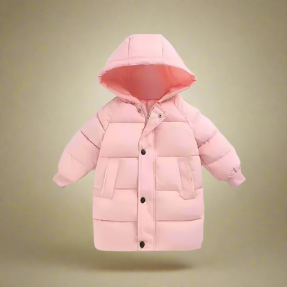Child zipping up a cozy purple cotton puffer jacket, an essential for insulated winter warmth