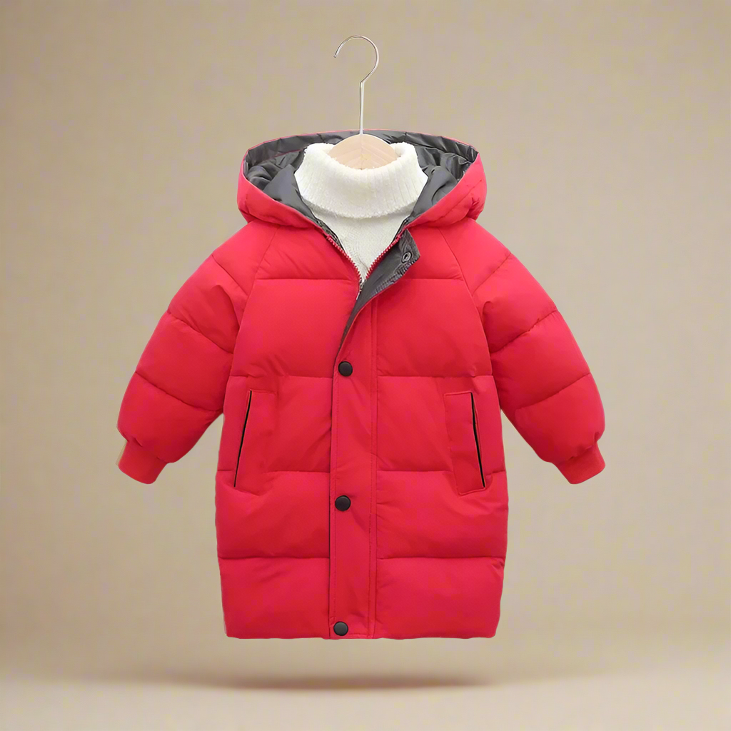 Kids' warm cotton puffer jacket with elastic cuffs in an orange color, great for snowy days