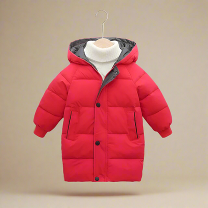 Kids' warm cotton puffer jacket with elastic cuffs in an orange color, great for snowy days