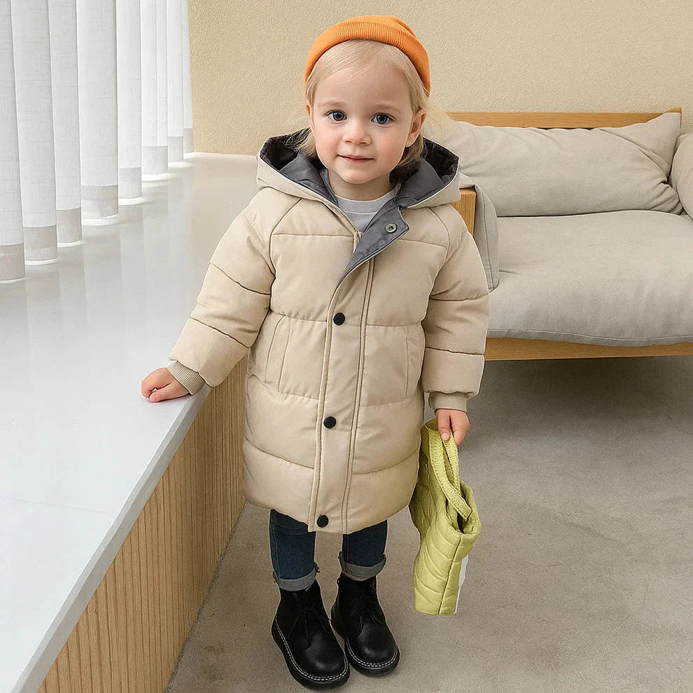 Kids' winter puffer jacket in bright yellow, a cozy insulated cotton coat for children's outerwear