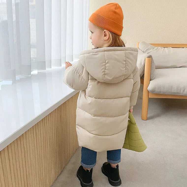 Side view of a green kids' warm cotton puffer jacket, suitable for active boys and girls