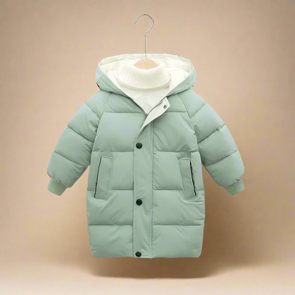 Detail shot of the fleece-lined hood on a kids' insulated winter cotton puffer jacket