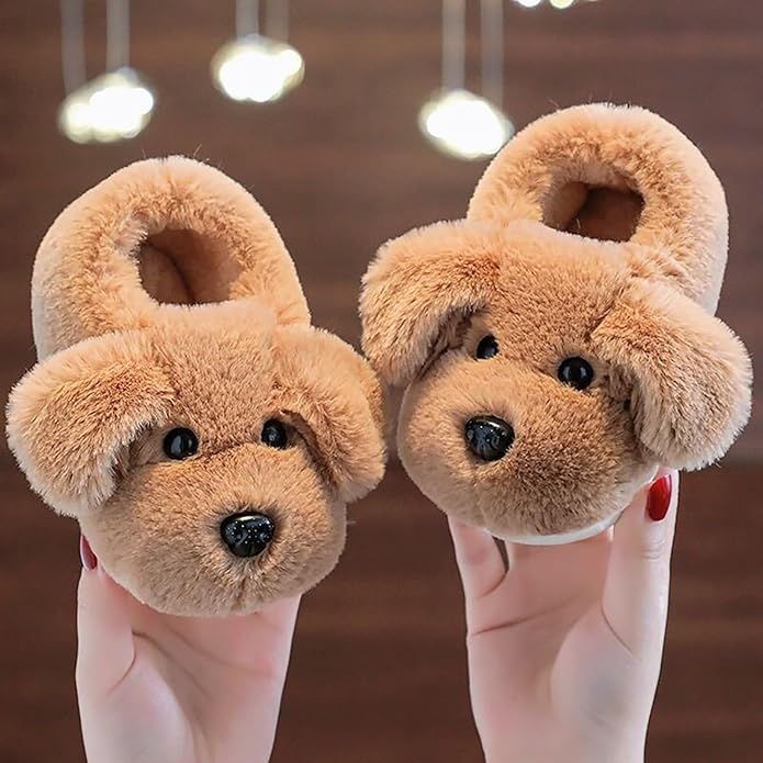 Kids' warm puppy slippers, cozy non-slip indoor/outdoor footwear for toddlers & children.