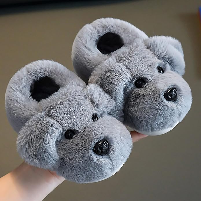 Plush puppy slippers for kids, soft & warm cozy footwear, ideal for indoor/outdoor comfort in winter.